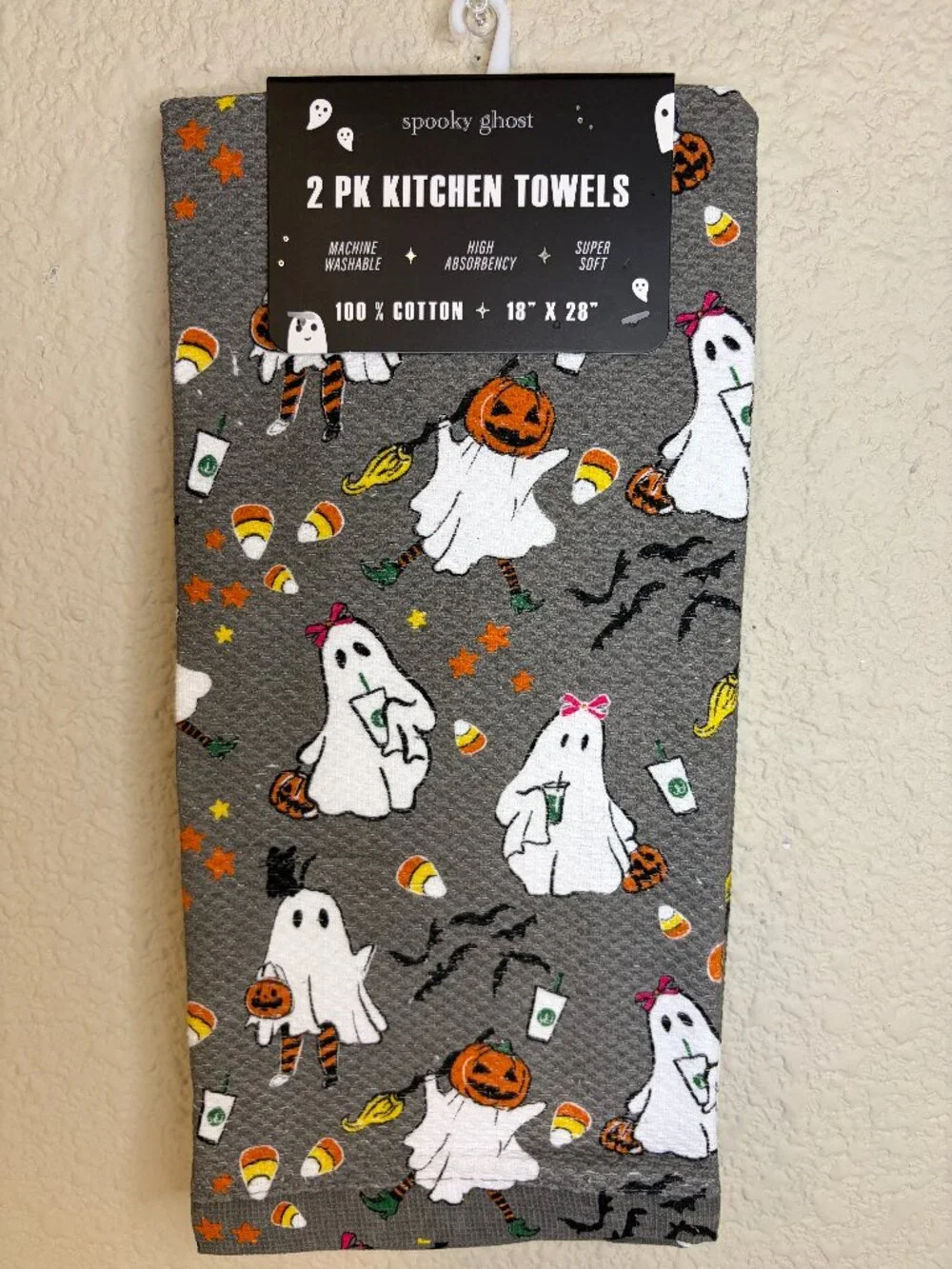 Spooky Girly Ghost Halloween Kitchen Towels 2 Pack Pumpkin Candy Corn 18x28 NWT